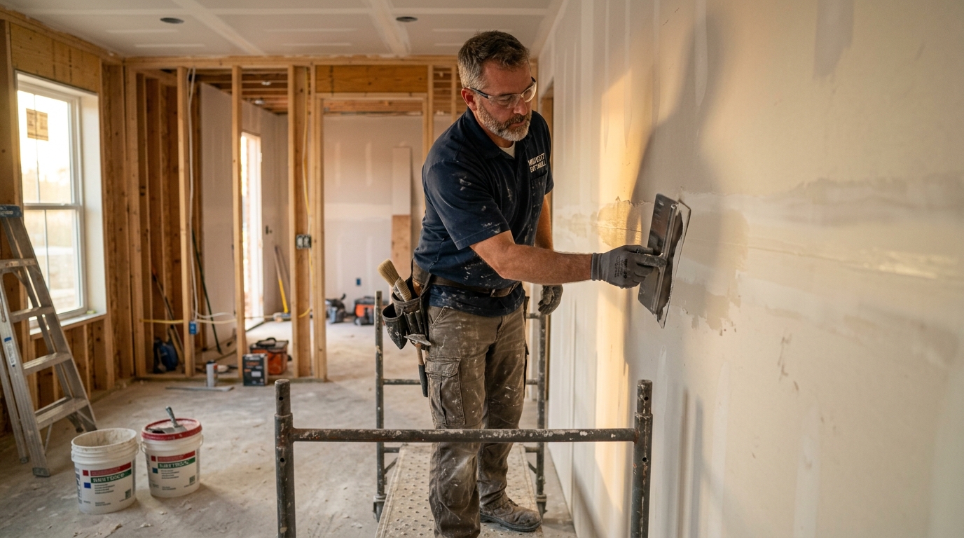Master drywall craftsman finishing wall seam